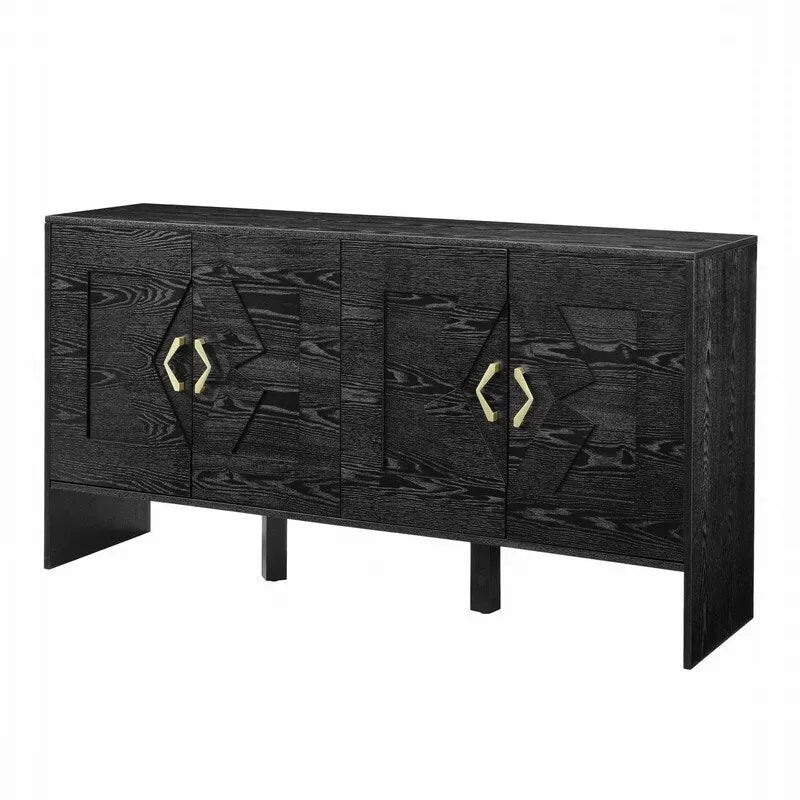 Buffet commode noir Mid-Century Modern avec 4 portes géométriques