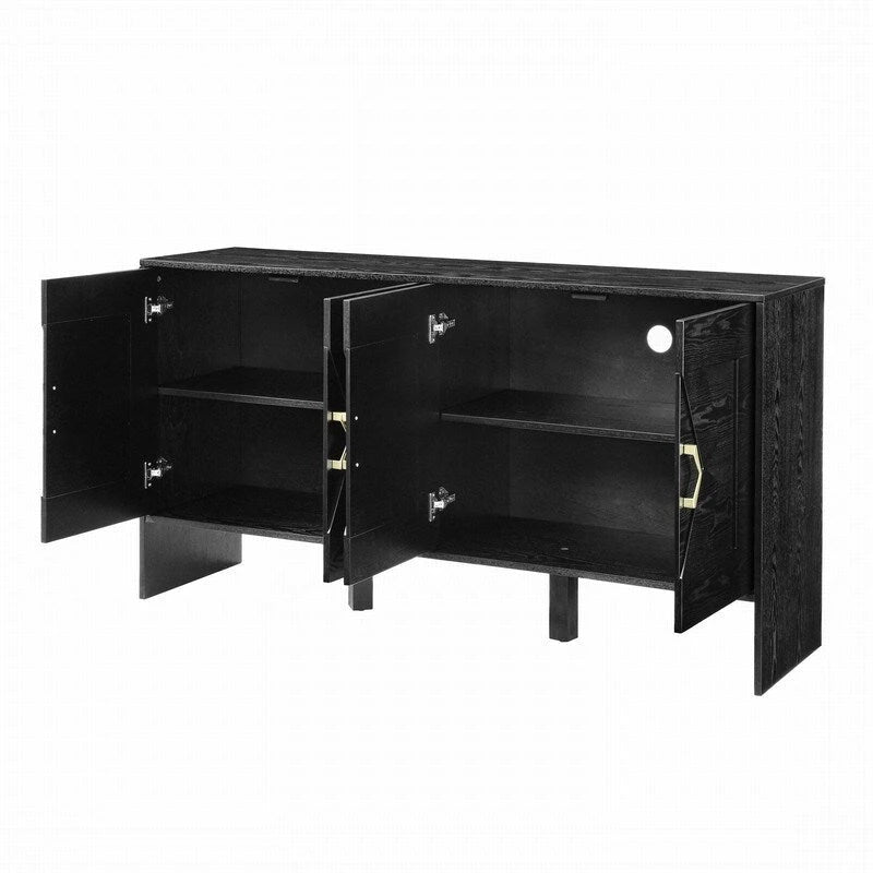 Buffet commode noir Mid-Century Modern avec 4 portes géométriques