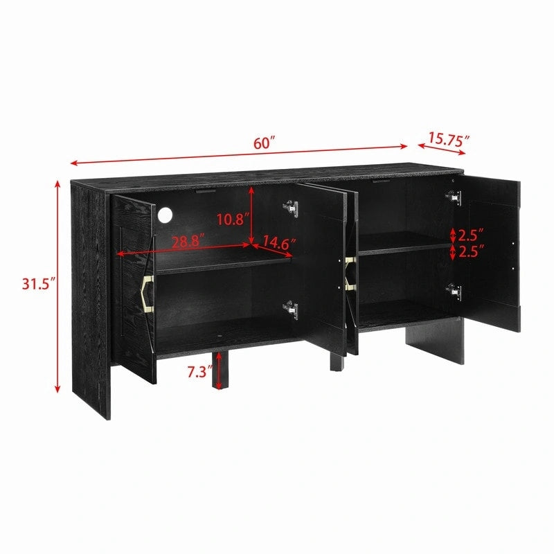Buffet commode noir Mid-Century Modern avec 4 portes géométriques