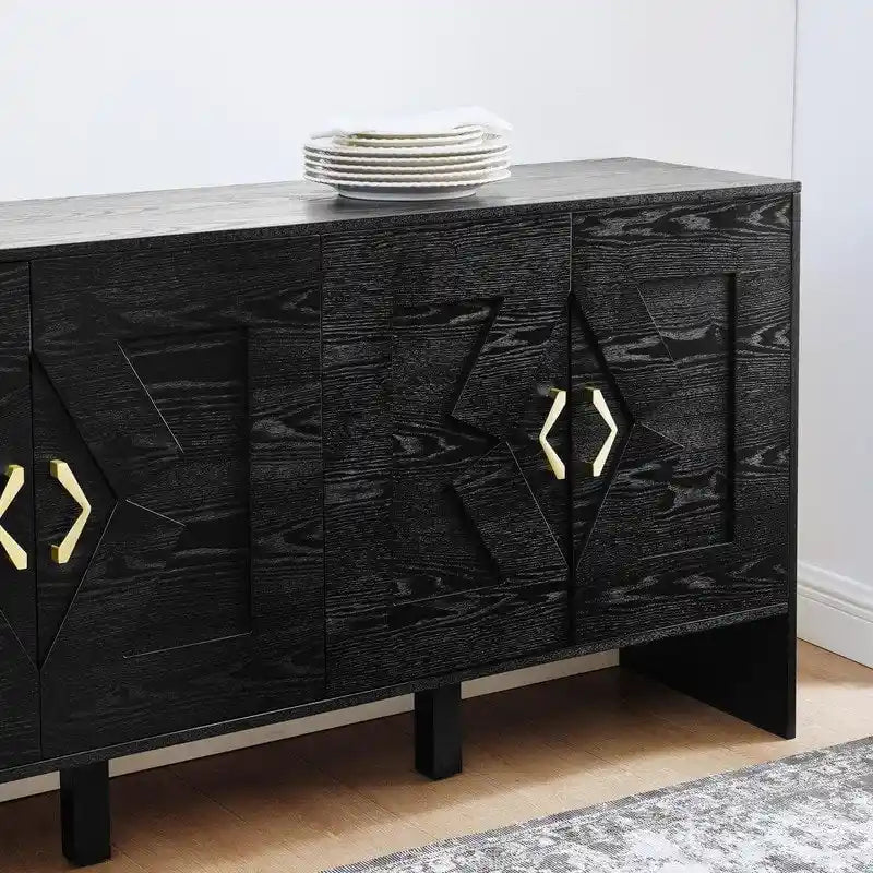 Buffet commode noir Mid-Century Modern avec 4 portes géométriques