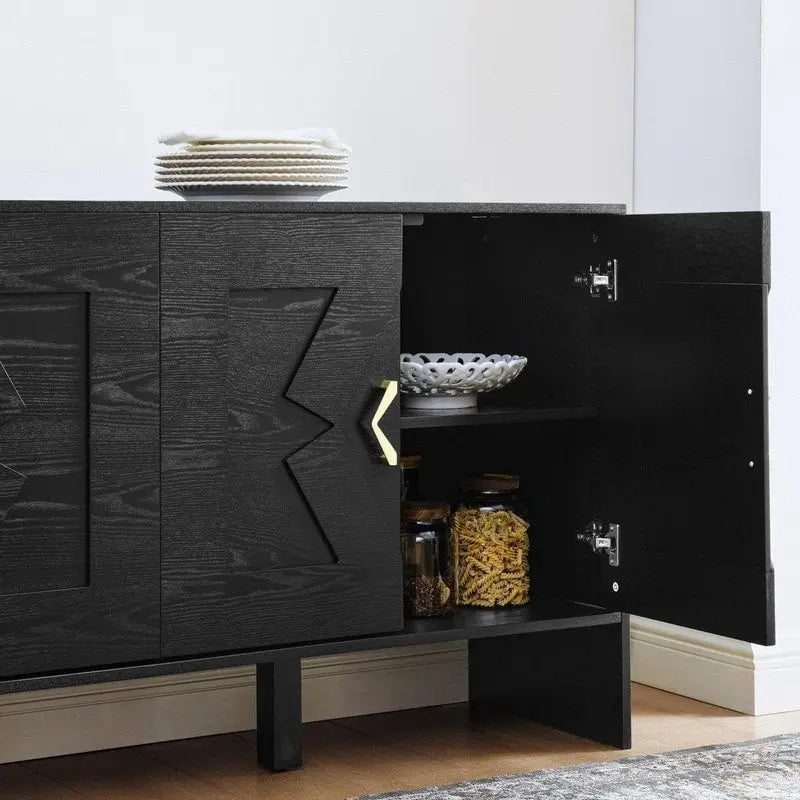 Buffet commode noir Mid-Century Modern avec 4 portes géométriques