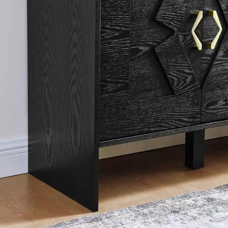 Buffet commode noir Mid-Century Modern avec 4 portes géométriques