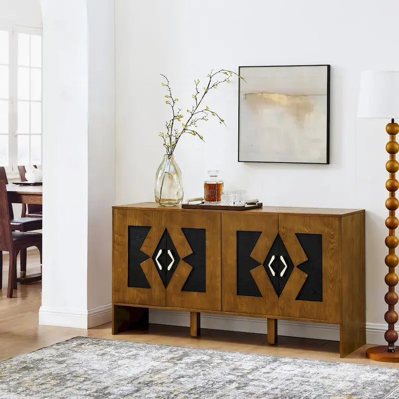 Meuble de rangement moderne du milieu du siècle avec panneaux de porte géométriques et étagères réglables
