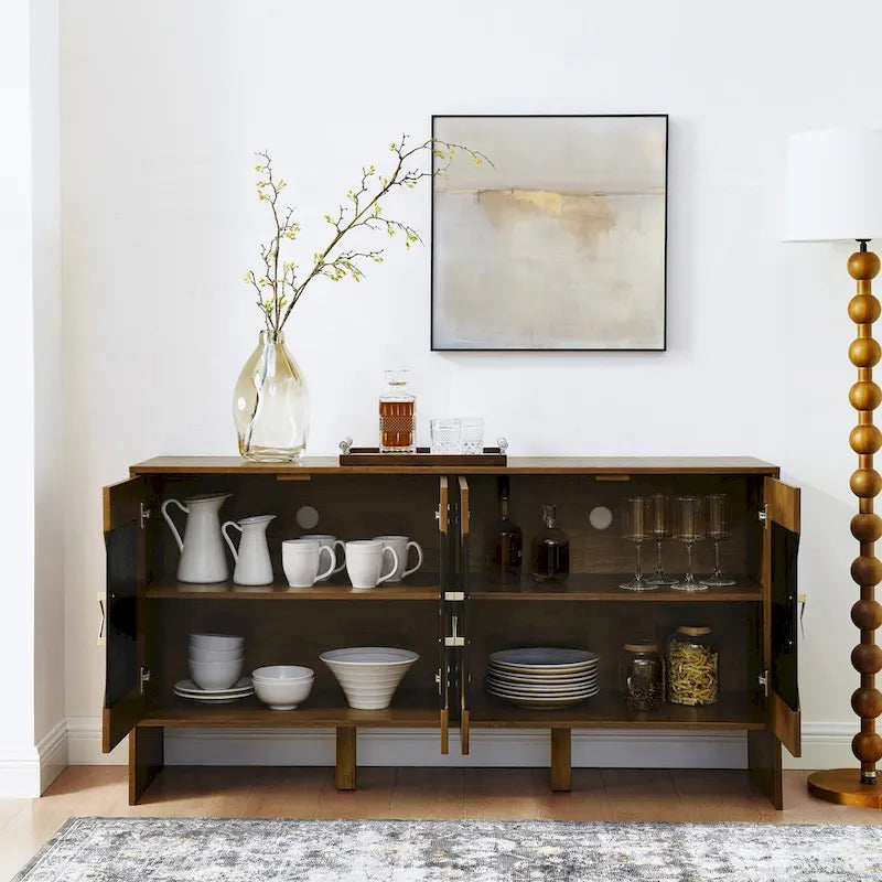 Meuble de rangement moderne du milieu du siècle avec panneaux de porte géométriques et étagères réglables