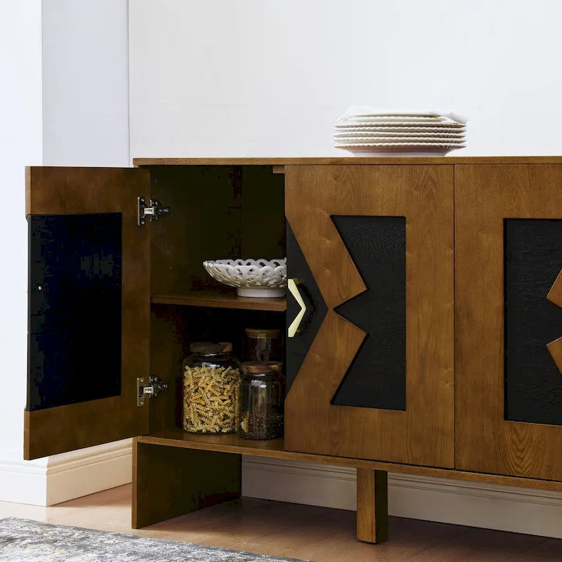 Meuble de rangement moderne du milieu du siècle avec panneaux de porte géométriques et étagères réglables