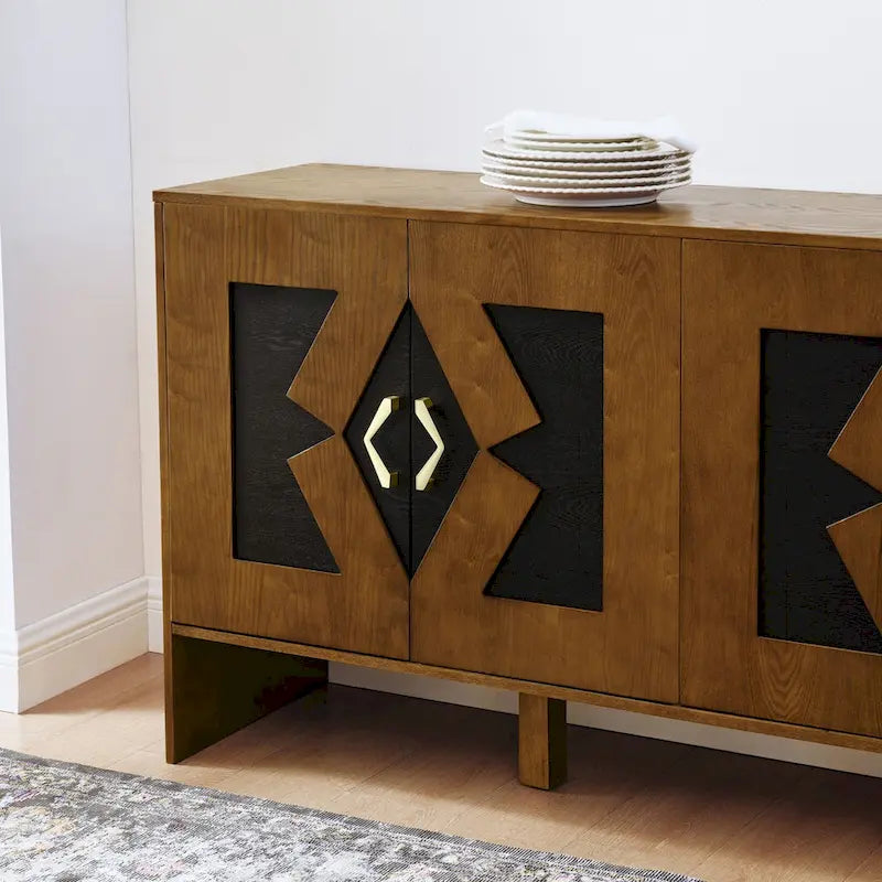 Meuble de rangement moderne du milieu du siècle avec panneaux de porte géométriques et étagères réglables