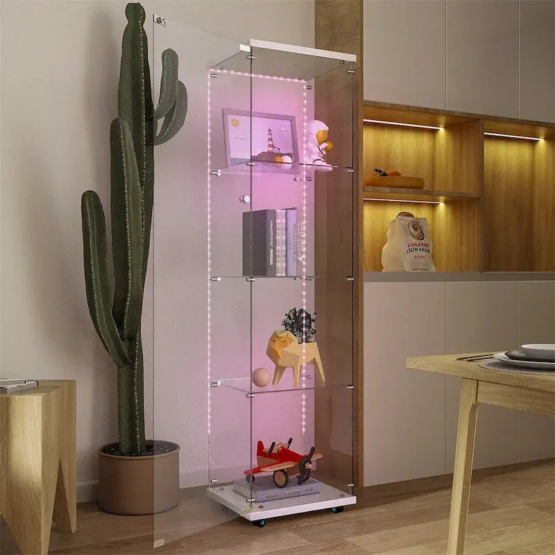 Vitrine haute en verre trempé avec éclairage LED RGB Bluetooth, capteur infrarouge et roulettes