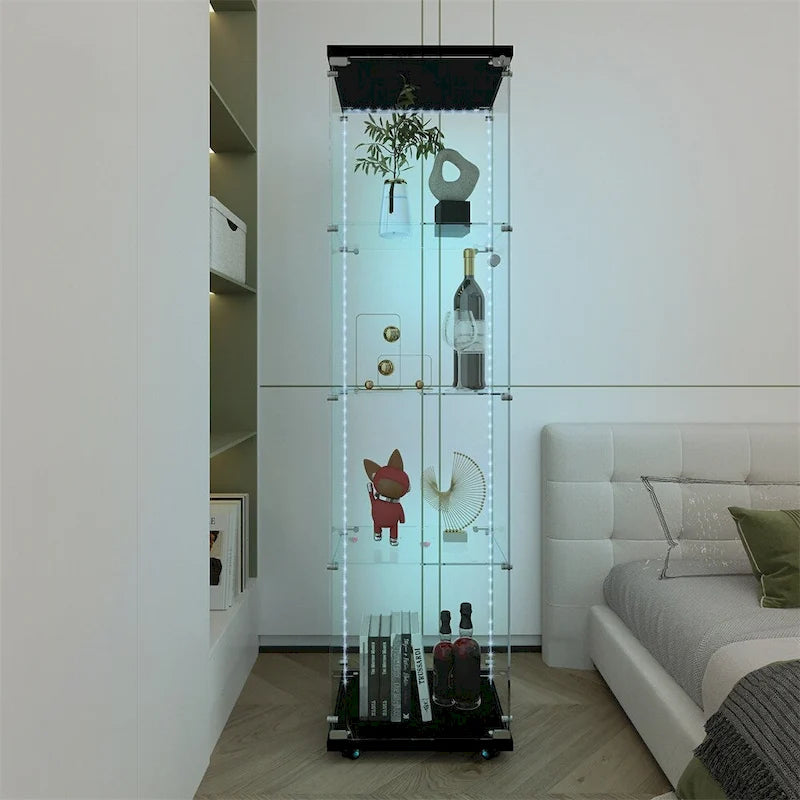 Vitrine haute en verre trempé avec éclairage LED RGB Bluetooth, capteur infrarouge et roulettes