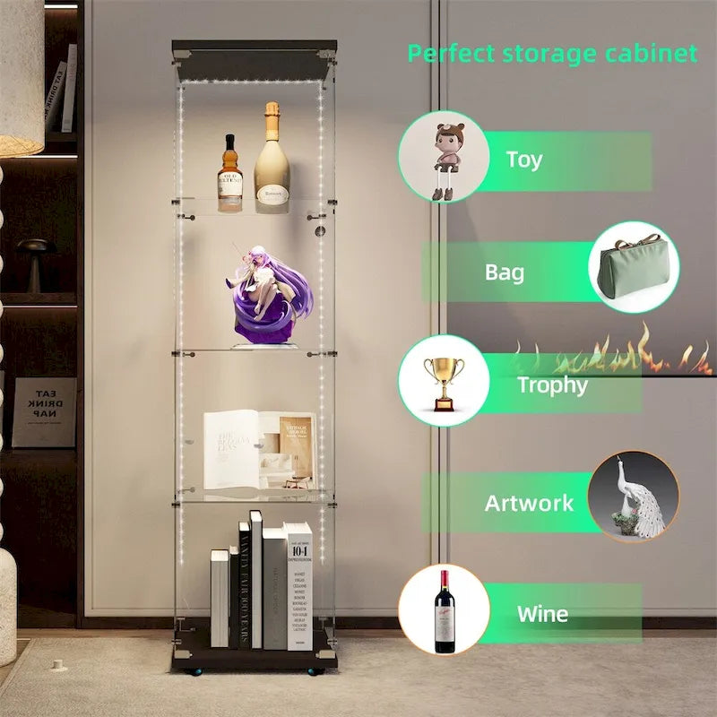 Vitrine haute en verre trempé avec éclairage LED RGB Bluetooth, capteur infrarouge et roulettes