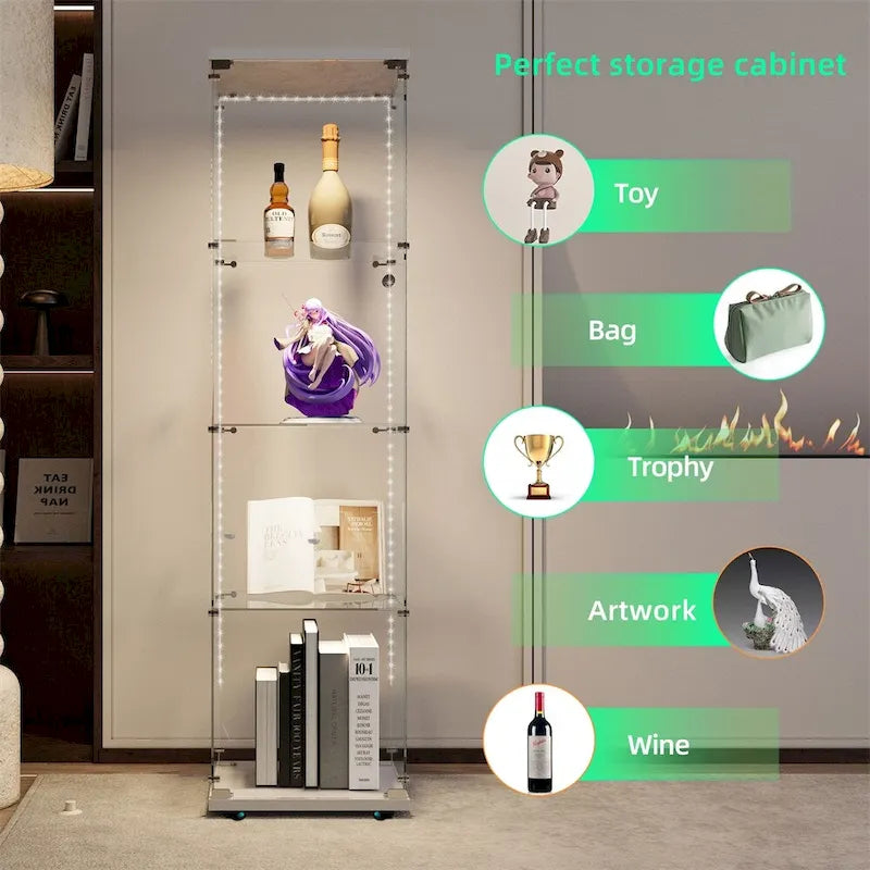 Vitrine haute en verre trempé avec éclairage LED RGB Bluetooth, capteur infrarouge et roulettes