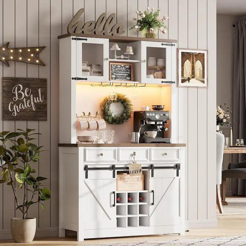 Meuble de Bar à Café Rustique avec Portes Coulissantes, Lumières LED et Casier à Vin