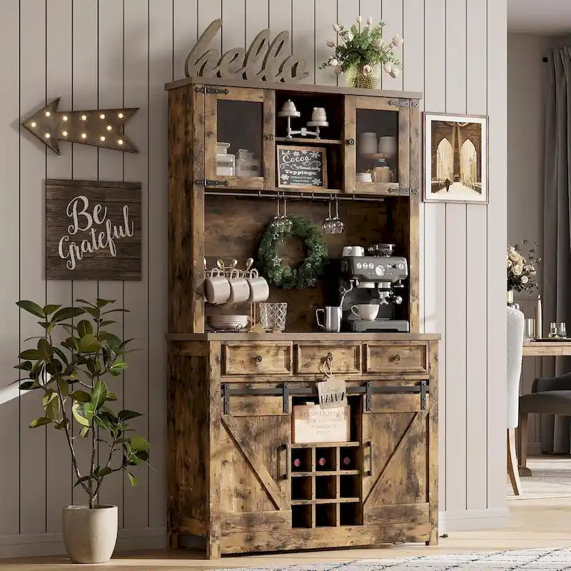 Meuble de Bar à Café Rustique avec Portes Coulissantes, Lumières LED et Casier à Vin