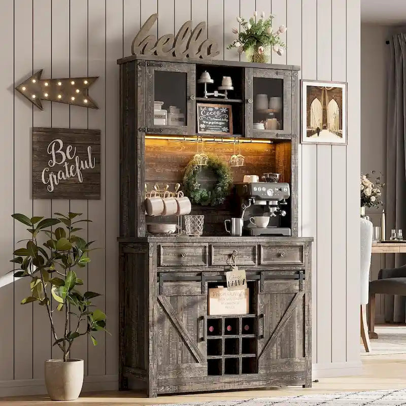 Meuble de Bar à Café Rustique avec Portes Coulissantes, Lumières LED et Casier à Vin