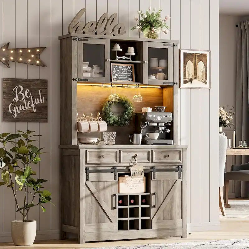 Meuble de Bar à Café Rustique avec Portes Coulissantes, Lumières LED et Casier à Vin