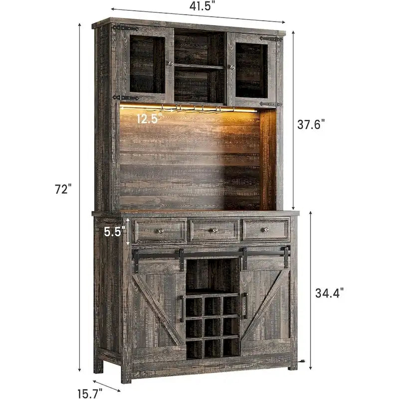Meuble de Bar à Café Rustique avec Portes Coulissantes, Lumières LED et Casier à Vin