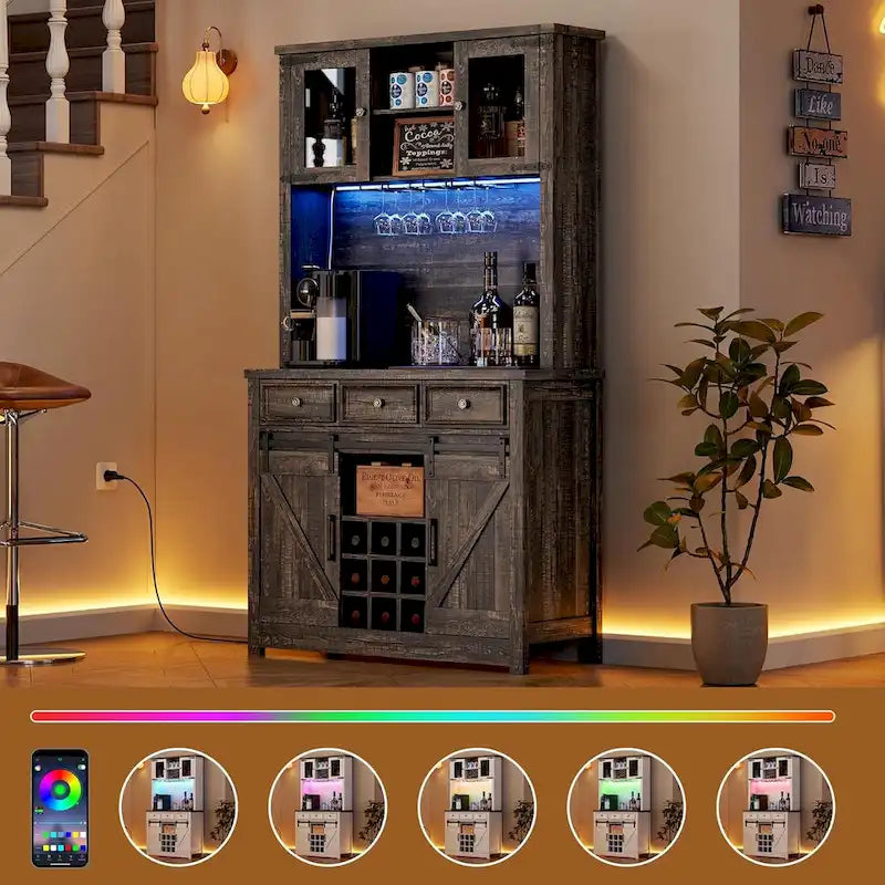 Meuble de Bar à Café Rustique avec Portes Coulissantes, Lumières LED et Casier à Vin