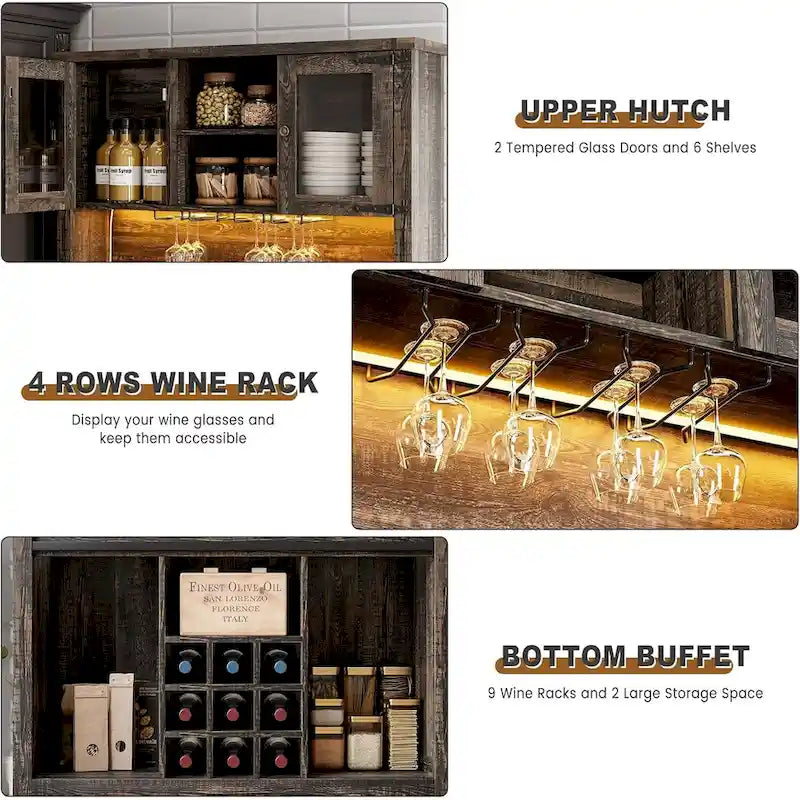 Meuble de Bar à Café Rustique avec Portes Coulissantes, Lumières LED et Casier à Vin