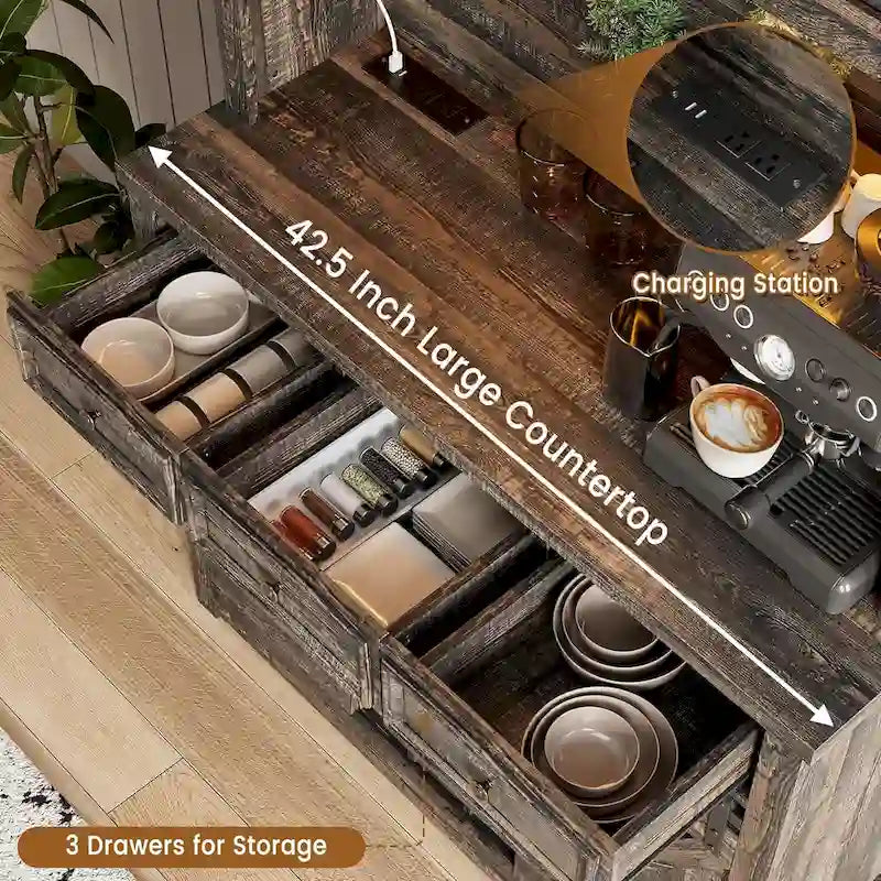 Meuble de Bar à Café Rustique avec Portes Coulissantes, Lumières LED et Casier à Vin