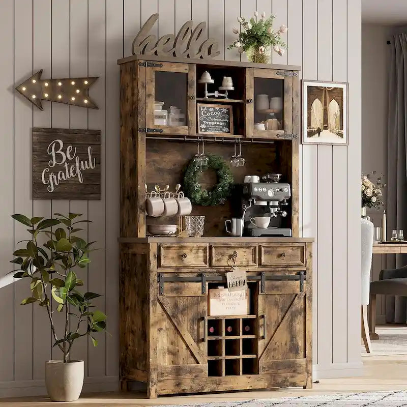 Meuble de Bar à Café Rustique avec Portes Coulissantes, Lumières LED et Casier à Vin