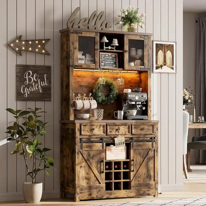 Meuble de Bar à Café Rustique avec Portes Coulissantes, Lumières LED et Casier à Vin