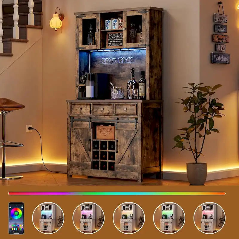 Meuble de Bar à Café Rustique avec Portes Coulissantes, Lumières LED et Casier à Vin