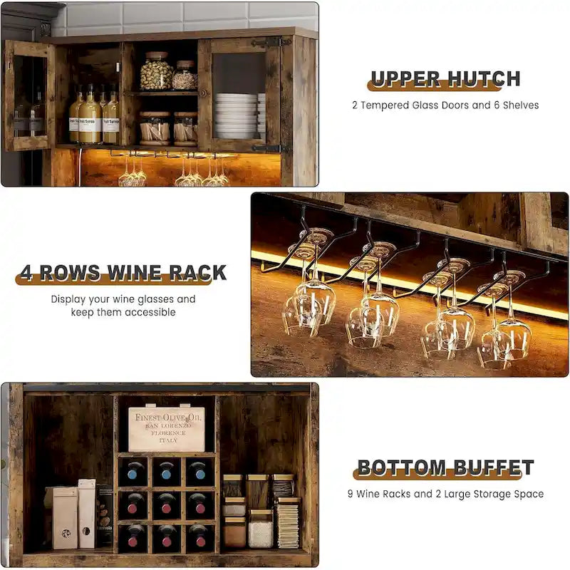 Meuble de Bar à Café Rustique avec Portes Coulissantes, Lumières LED et Casier à Vin