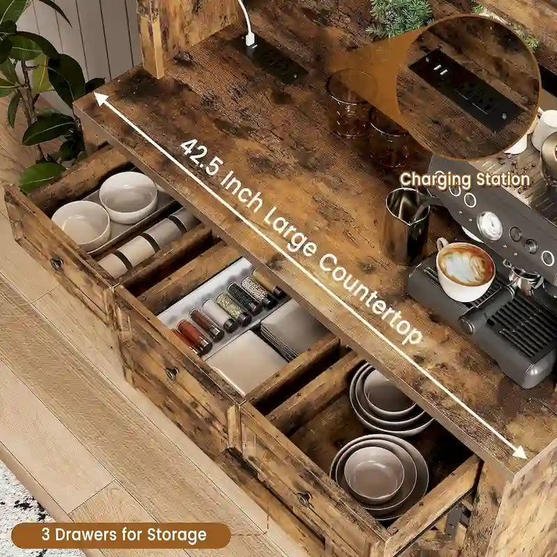 Meuble de Bar à Café Rustique avec Portes Coulissantes, Lumières LED et Casier à Vin