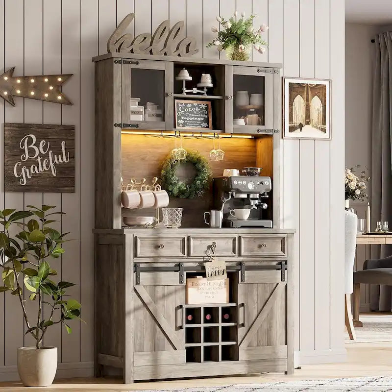 Meuble de Bar à Café Rustique avec Portes Coulissantes, Lumières LED et Casier à Vin