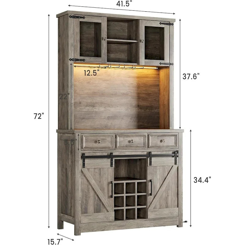 Meuble de Bar à Café Rustique avec Portes Coulissantes, Lumières LED et Casier à Vin