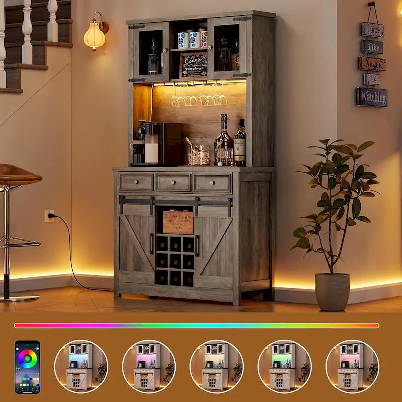 Meuble de Bar à Café Rustique avec Portes Coulissantes, Lumières LED et Casier à Vin
