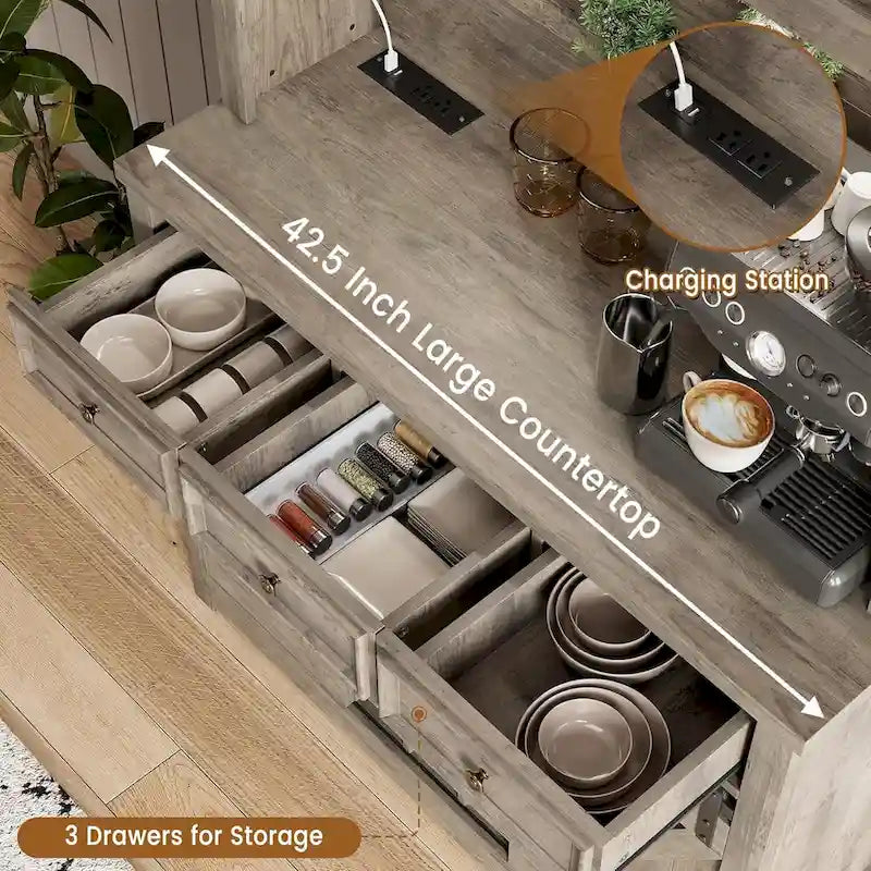 Meuble de Bar à Café Rustique avec Portes Coulissantes, Lumières LED et Casier à Vin