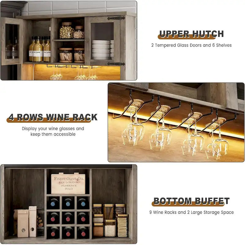 Meuble de Bar à Café Rustique avec Portes Coulissantes, Lumières LED et Casier à Vin