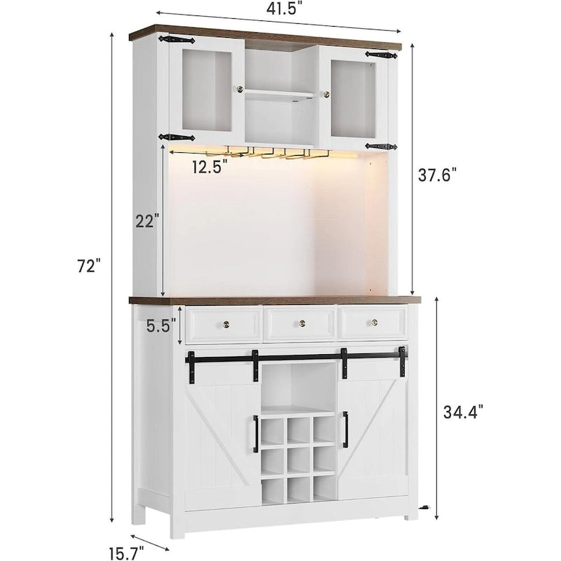 Meuble de Bar à Café Rustique avec Portes Coulissantes, Lumières LED et Casier à Vin