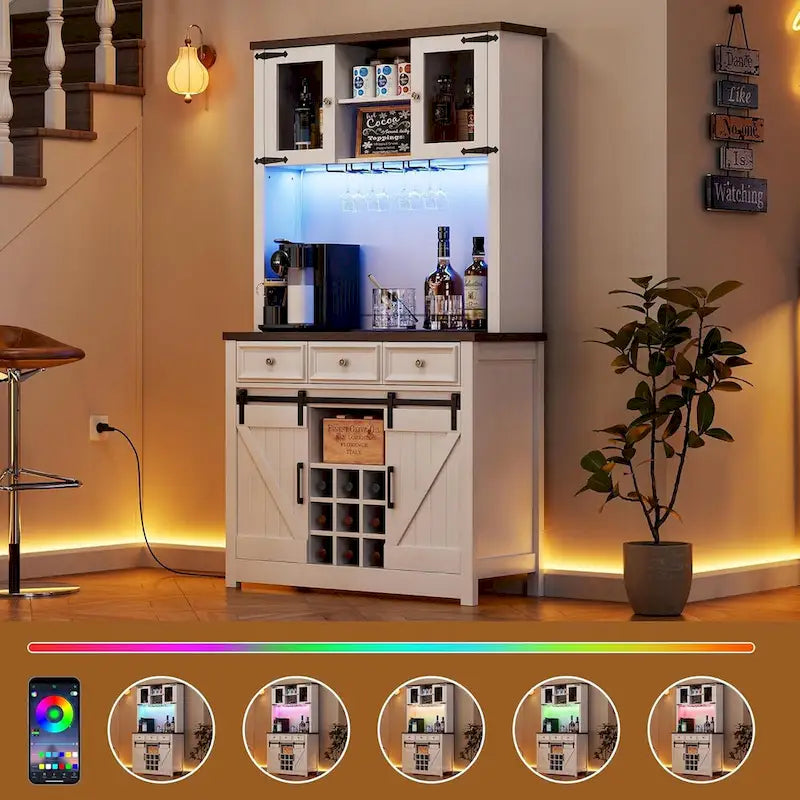 Meuble de Bar à Café Rustique avec Portes Coulissantes, Lumières LED et Casier à Vin