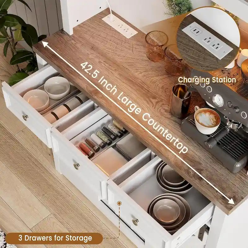 Meuble de Bar à Café Rustique avec Portes Coulissantes, Lumières LED et Casier à Vin