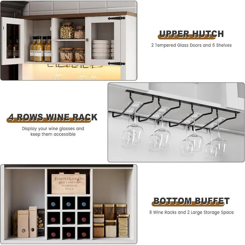 Meuble de Bar à Café Rustique avec Portes Coulissantes, Lumières LED et Casier à Vin