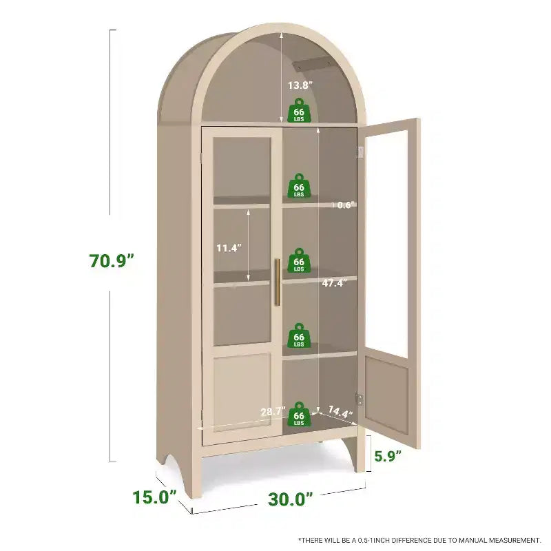 71 Tall Arched Storage Cabinet with 2 Acrylic Doors and Shelves for Living Room