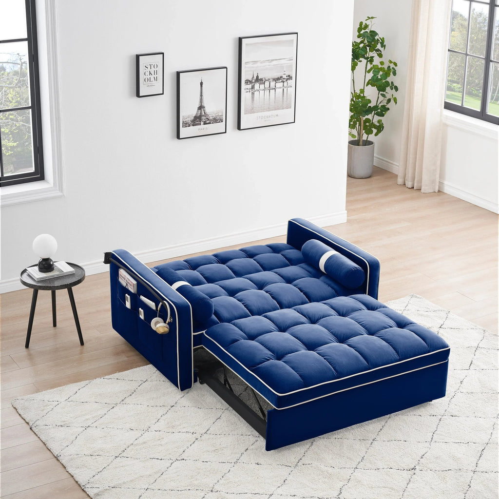 Velvet Convertible 55 2-Seater Sleeper Sofa with Pull-Out Bed, Adjustable Recline, Side Pockets, and Phone Holder