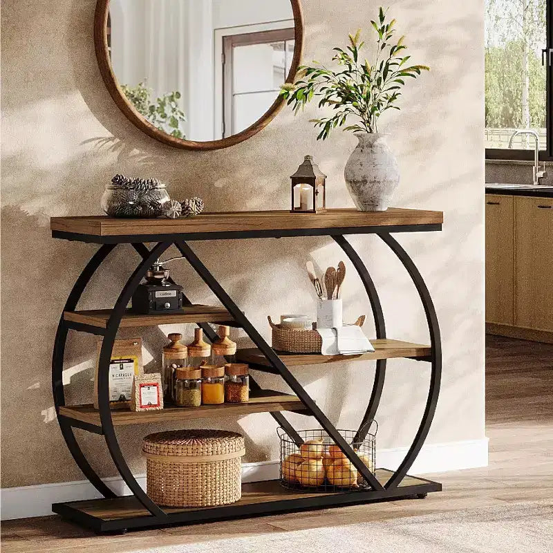 Lantine 41.3 Console Table, 5-Tier Industrial Entryway Table with Storage Shelves and Arched Metal Frame, Wood Hallway Table for Foyer