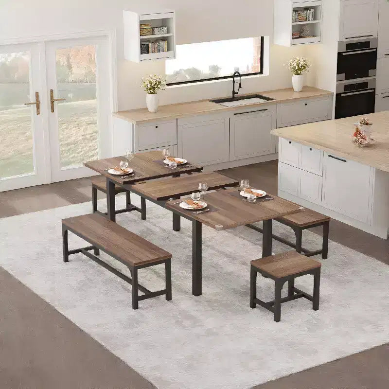 5 Pieces Dining Table Set for 4-6, 63 Large Extendable Dining Room Table with Benches and Stools