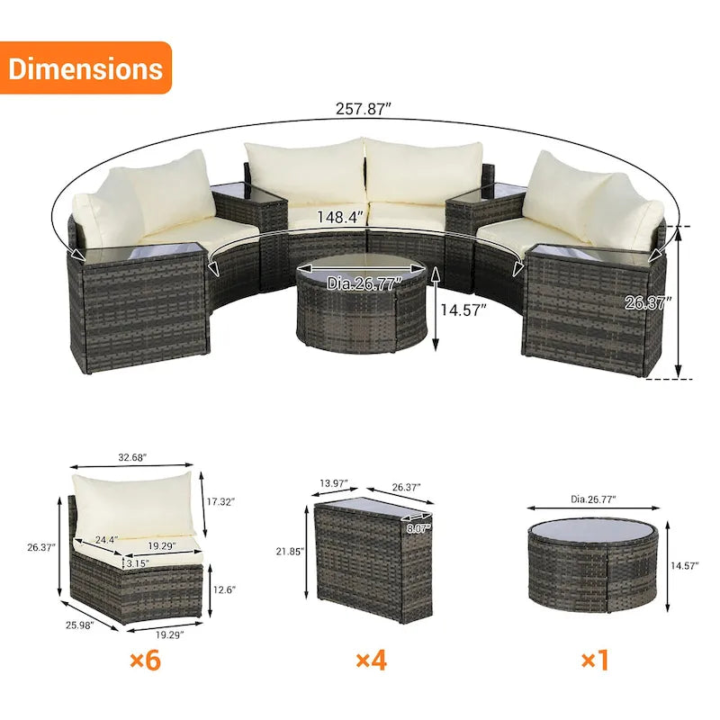11-Piece Outdoor Half-Round Modular Sectional Sofa Set with Tempered Glass Coffee Table and 4 Side Table