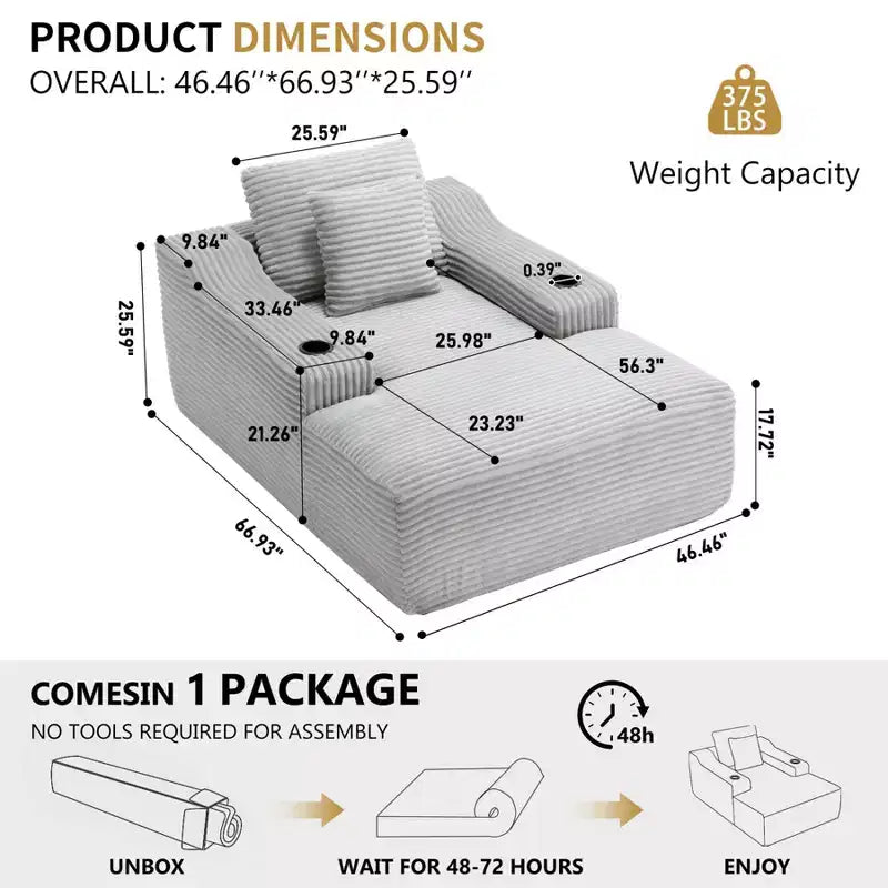 67 Chaise Lounge Chair, Indoor Sleeper Sofa Bed with 2 Pillows, Boneless Single Sofa Couch for Living Room, No Assembly Required