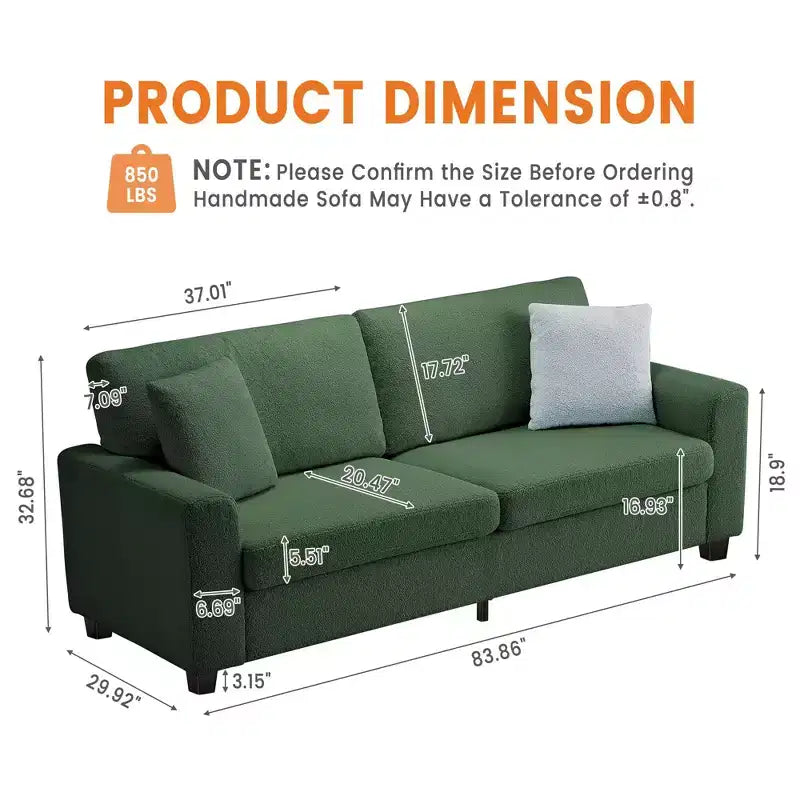 83W Modern 3-Seater Sofa with Deep Seat, Soft Fabric, Wide Armrest, Removable Washable Cushion Cover