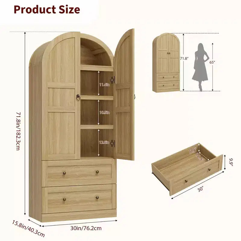 71 High Arched Bookcase, Wooden Arched Bookshelf With Doors and Drawers, Large Arched Display Bookcase With Storage, Suitable for Office Living Room