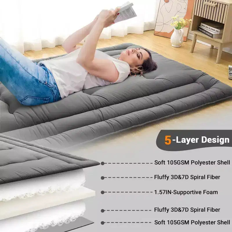 Portable Roll-Up Floor Mattress, Japanese Futon Guest Bed & Foldable Camping Sleeping Pad