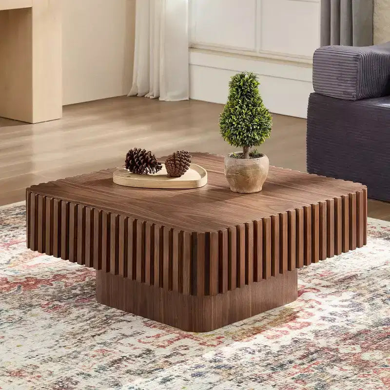 31.5 Modern Handcraft Drum Coffee Table, Square, Walnut MDF Pedestal