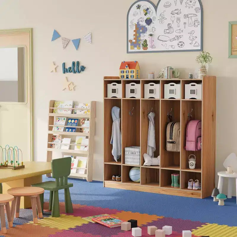 5-Section Classroom Coat Locker with 10 Cubbies, Cubby Storage Organizer with 10 Hooks for Home, School, Nursery, Kindergarten