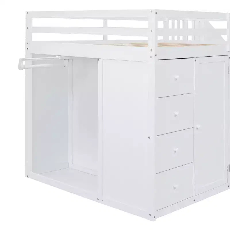 Teddy Fleece Full Size Loft Bed with Storage Shelf and Drawers, Wooden High Loft Bed with Versatile Desk for Bedroom
