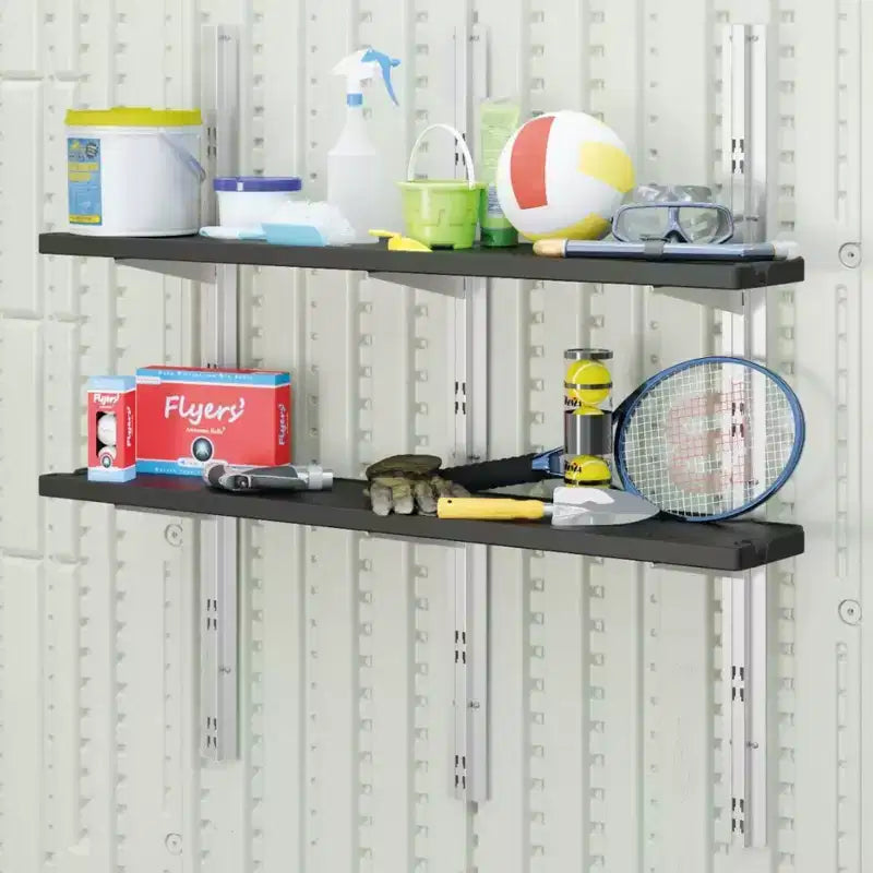 Suncast Vertical Shed 6 Shelf Kit Space Saving Wall Mount Outdoor Storage, Black