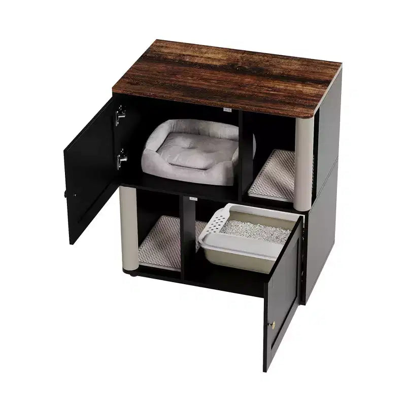 Litter Box Enclosure with Double Room, Hidden Enclosed Litterbox Furniture with Scratch Posts and Double-Layer Litter Mats Indoor Pet House